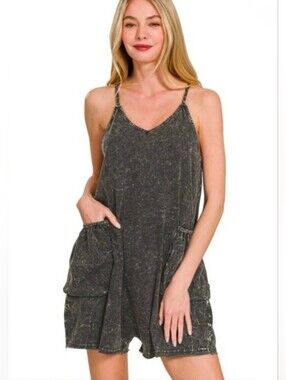 Zenana Med Acid Crinkle Washed Spaghetti Strap Romper Gray(Oversized) Fits L/XL